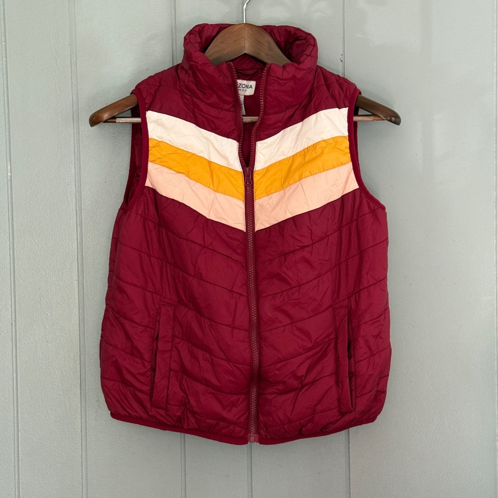 Arizona Jean Co Women Maroon Chevron Puffer Vest Size Juniors L Retro Colorblock